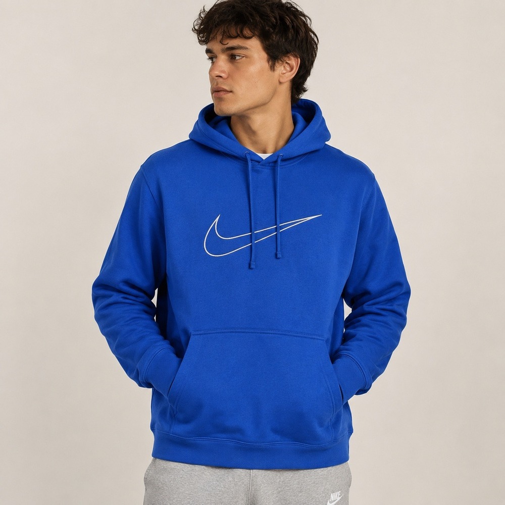 Nike Royal Blue White Center Large Logo Swoosh Fleece Lined Hoodie Sweatshirt L